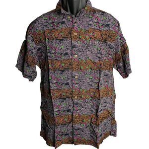 Vintage Button Up Polynesian Shirt L Black Floral Short Sleeve Collar Pocket